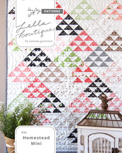 Homestead mini doll quilt pattern by Lella Boutique. Charm pack friendly. Fabric is Olive's Flower Market by Lella Boutique for Moda Fabrics.