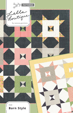 Barn Style simple farmhouse quilt block by Lella Boutique. Fat quarter barn quilt. Fabric is Farmer's Daughter by Lella Boutique for Moda Fabrics.
