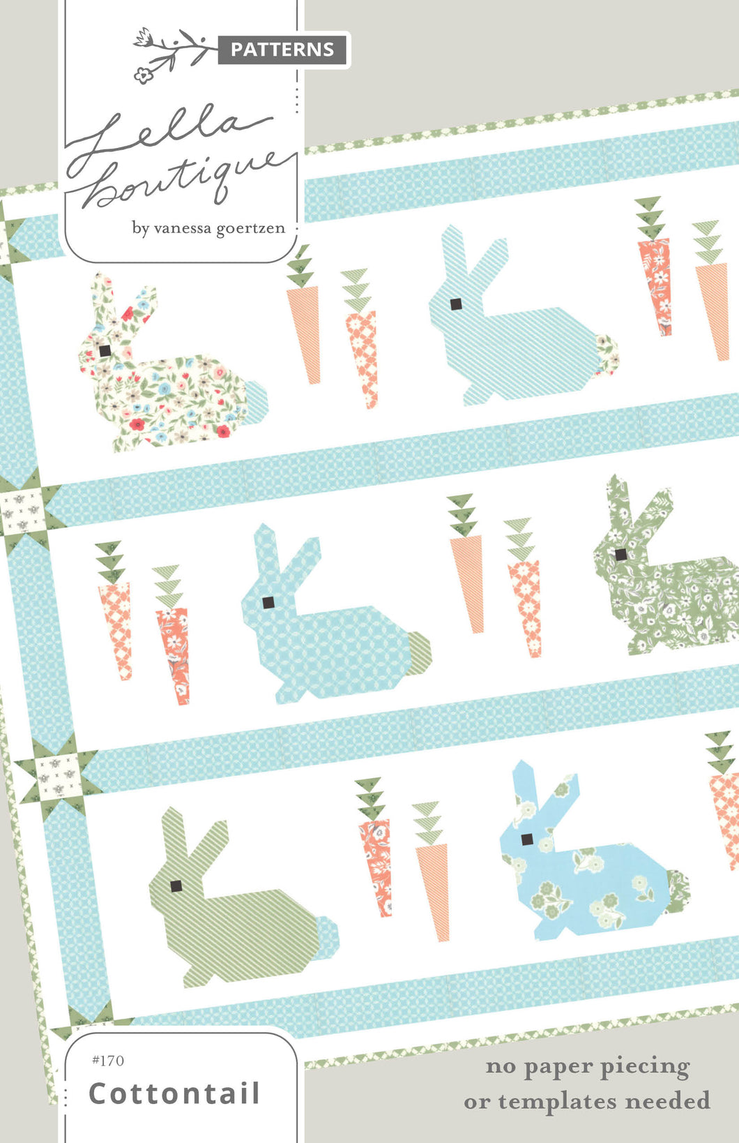 Cottontail bunny and carrot quilt pattern in Garden Variety fabric by Lella Boutique for Moda. Cutest rabbit quilt for Easter!