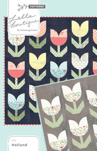"Holland" tulip quilt by Lella Boutique. Beginner curved piecing technique to make simple tulip blocks. Fabric is Garden Variety by Lella Boutique for Moda. Download the PDF here!