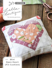 Load image into Gallery viewer, Mini Open Heart pin cushion. Cutest little heart pin cushion made from mini charm packs. Fabric is Lollipop Garden by Lella Boutique for Moda Fabrics.