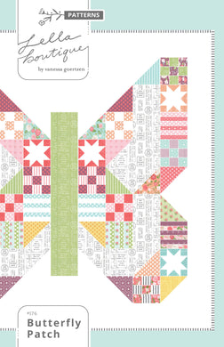 Butterfly Patch - scrappy patchwork butterfly quilt by Lella Boutique. Beginner level sampler made with a Layer Cake (precut 10