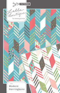 Modern Herringbone quilt by Lella Boutique. Make it with a Honeybun (1.5" strips) and fat quarters. Fabric is Bloomington by Lella Boutique for Moda Fabrics.