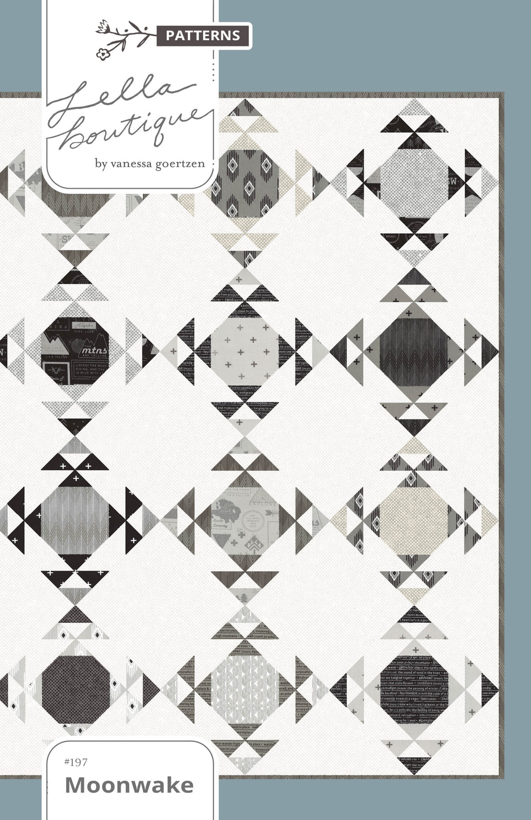 Moonwake geometric fat quarter quilt by Lella Boutique. Cool triangle design in Smoke & Rust fabric. Modern meets traditional quilt depending on fabric choices. Would make a good boy quilt! Download the pattern here.