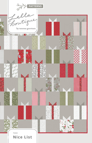 Nice List simple gift quilt by Lella Boutique. Layer Cake quilt. Cute Christmas present quilt blocks are in Christmas Morning fabric by Lella Boutique. 