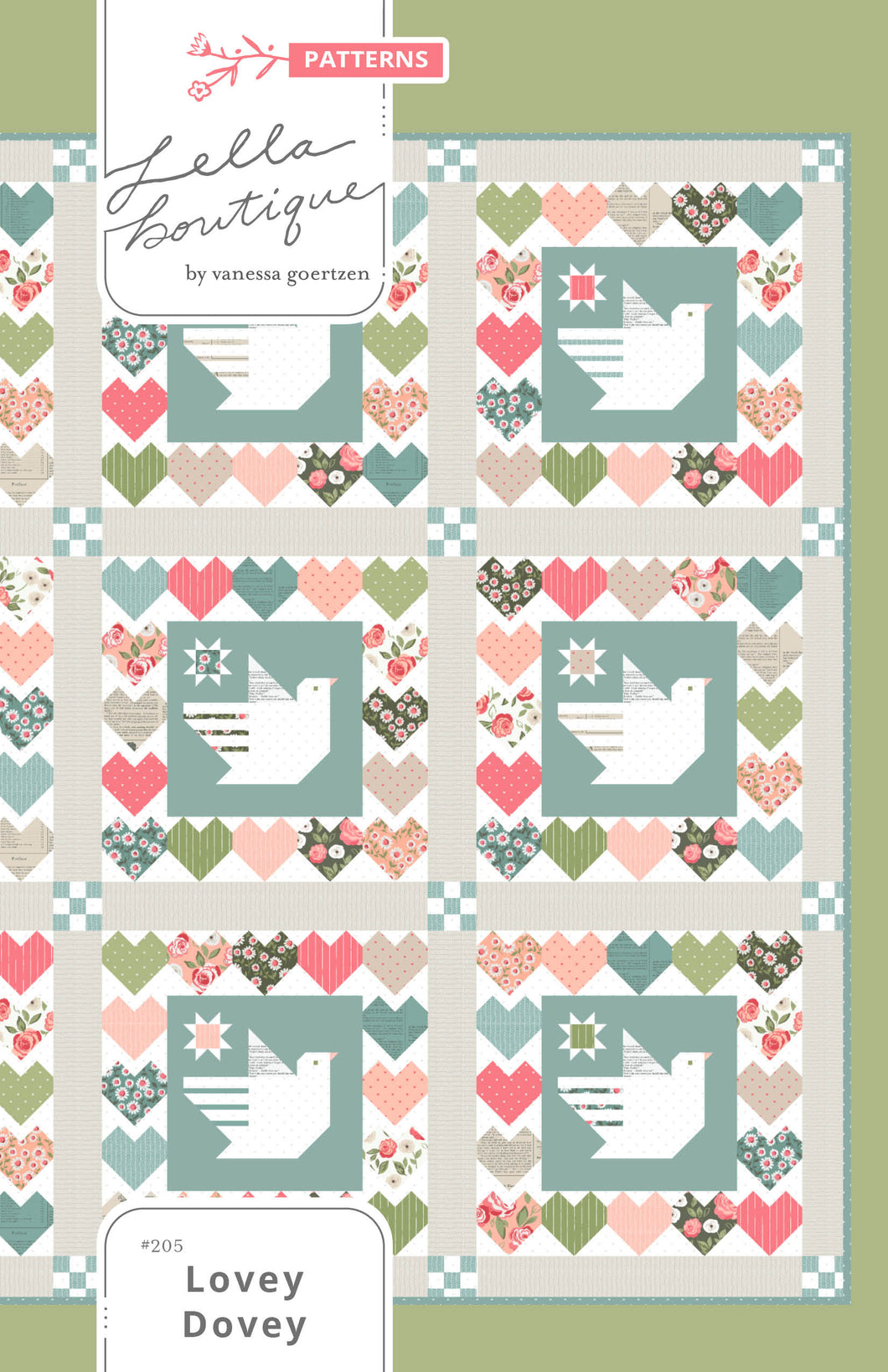 Lovey Dovey spring quilt PDF pattern with doves + hearts. Fabric is Love Note fabric collection by Lella Boutique.