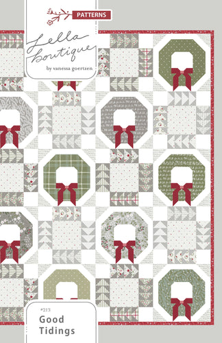 Good Tidings fat quarter Christmas wreath quilt pattern by Vanessa Goertzen of Lella Boutique. Fabric is Christmas Eve by Lella Boutique for Moda Fabrics shipping May 2023.