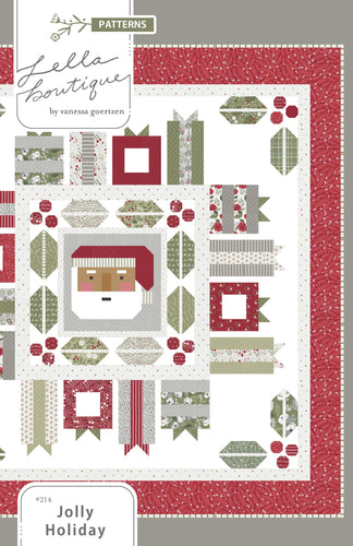 Jolly Holiday Christmas quilt by Vanessa Goertzen of Lella Boutique. Christmas medallion quilt design featuring traditionally piece Santa, holly berries and leaves, and scrappy gifts. Jelly Roll friendly! Fabric is Christmas Eve by Lella Boutique for Moda Fabrics arriving May 2023.