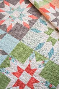 Mabel old fashioned barn star quilt by Lella Boutique. Fat quarter friendly, and no Y seams. Fabric is Nest by Lella Boutique for Moda Fabrics.