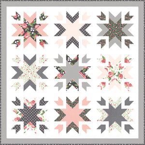 Snow Blossoms star quilt by Lella Boutique. A fat quarter quilt made in Bloomington fabric by Lella Boutique for Moda Fabrics.
